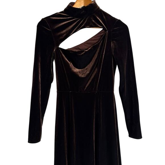 Rene Ruiz Brown Velvet Long Sleeve Cut Out Midi Cocktail Dress Size 0 - Picture 7 of 15